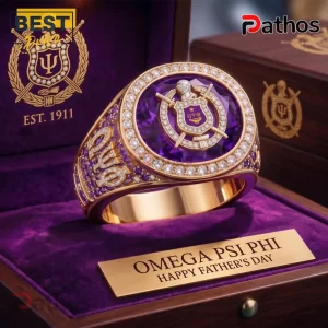 Omega Psi Phi Que Man Father’s Day Luxury Gold Purple Diamond Crest Ring
