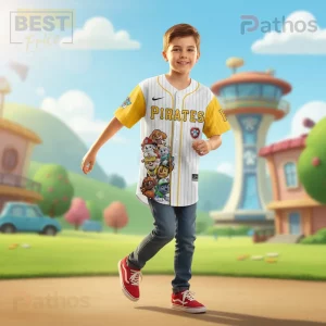 White pinstripe baseball jersey, yellow sleeves, PIRATES text, stacked Paw Patrol characters, and red paw print logo!