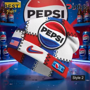 Red white blue patchwork beanie with embroidered Pepsi circle logo, small Pepsi can patch, Nike swoosh, and USA flag! Text says PEPSI!