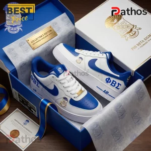 Phi Beta Sigma custom sneakers in blue and white with gold crest logos and Greek letters ΦΒΣ on the side in a collector's box!