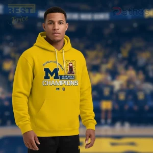 Yellow Michigan Wolverines M 22 NCAA Men's Basketball Champions hoodie, collegiate sports graphic!