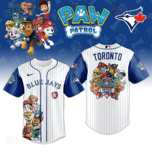 Toronto Blue Jays Paw Patrol Special Edition Pinstripe Baseball Jersey 1 White pinstripe baseball jersey! Blue sleeves! Blue Jays script, Paw Patrol characters front! Toronto text, Paw Patrol characters back!