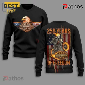 Black crewneck sweatshirt, front bald eagle American flag MOTOR HARLEY-DAVIDSON CYCLES logo. Back distressed flag, flaming skull motorcycle, 250 YEARS OF FREEDOM text!