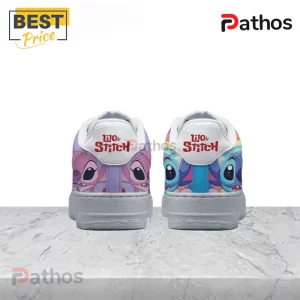 White sneakers back view with pink Angel and blue Stitch! Red 'Lilo & Stitch' logo on the heel tabs!