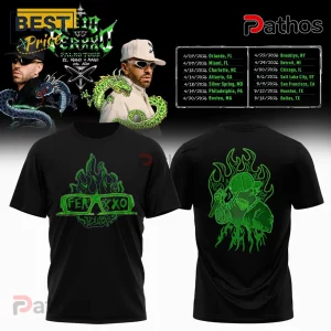 Black tee, neon green flame graphic, FERXXO text with sunglasses design, street art style! Back has green outline of a person holding a mic!
