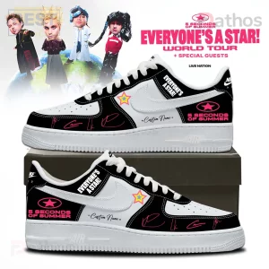 Black white custom Air Force 1 sneakers with pink 5 SECONDS OF SUMMER logo, EVERYONE'S A STAR! text, pink signatures, yellow star graphics!