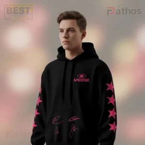Black band merch hoodie with hot pink 5 SECONDS OF SUMMER logo, star sleeve graphics, and artist signatures!