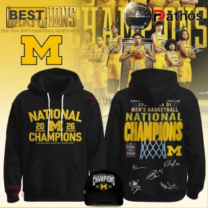 Black Michigan Wolverines hoodie with yellow text 'National 20 M 26 Champions' for the 2026 NCAA Men's Basketball Championship!