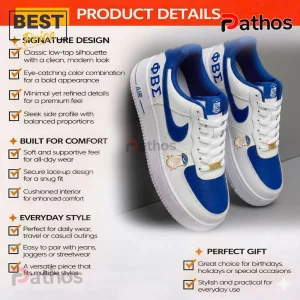 Custom white and royal blue sneakers with Greek letters ΦΒΣ for Phi Beta Sigma fraternity and a gold SIGMA lace lock!