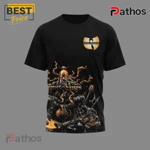 Black t-shirt with gold Wu-Tang logo and detailed graphic of an old monk surrounded by golden energy and weapons!