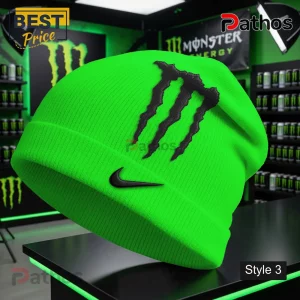 Monster Energy Patchwork Beanie Hat 4 Bright green knit beanie with black Monster Energy claw logo and small black Nike swoosh on cuff!