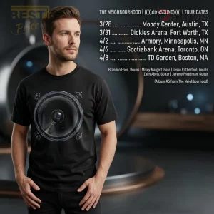 Black tee with modern silver speaker cone graphic! Realistic audio design for music lovers!