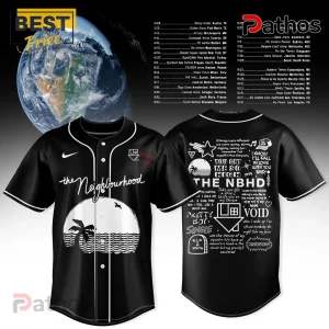 The Neighbourhood World Tour Black Baseball Jersey 1 Black baseball jersey with white trim, 'the Neighbourhood' script, palm tree wave graphic, and 'THE NBHD VOID' text on back!