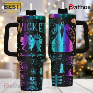 Black tumbler with rainbow 'Wicked' musical design! Shows witches, quotes like 'Defying Gravity' and 'Changed for good'!