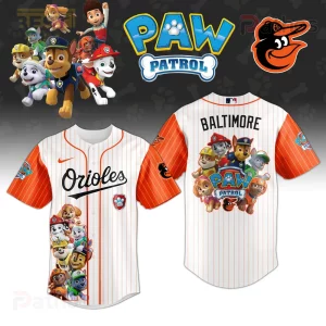 Baltimore Orioles Paw Patrol Pinstripe Collaboration Baseball Jersey 1 White orange pinstripe baseball jersey featuring Orioles text, Baltimore text, and Paw Patrol characters with Paw Patrol logo!