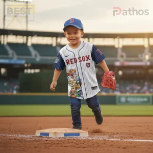 White pinstripe kids baseball jersey, blue striped sleeves, 'RED SOX' text, Paw Patrol characters, and a red baseball glove!