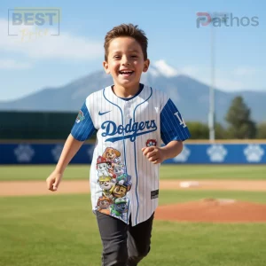 White blue pinstripe Dodgers baseball jersey! Paw Patrol characters Chase Marshall Skye Rubble Zuma Everest! Blue LA sleeve! Kids fan gear!