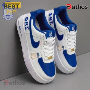 Custom white and royal blue sneakers with Greek letters Phi Beta Sigma ΦΒΣ embroidered on side and gold Sigma lace dubrae!