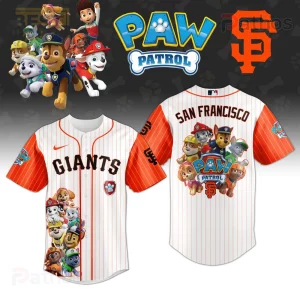 San Francisco Giants Paw Patrol Collaboration Pinstripe Baseball Jersey 1 White orange pinstripe baseball jersey! Features GIANTS text, Paw Patrol characters, Paw Patrol badge! Back SAN FRANCISCO, Paw Patrol SF logo!