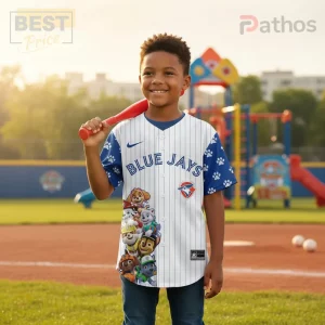 Toronto Blue Jays Paw Patrol Special Edition Pinstripe Baseball Jersey 2 White blue pinstripe kids baseball jersey, royal blue sleeves with paw prints! Features BLUE JAYS text, Toronto Blue Jays logo, Nike swoosh, and Paw Patrol characters!