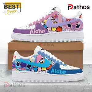 Custom sneakers with cartoon Stitch in blue and Angel in pink and purple with 'Aloha' text in a colorful cartoon style!