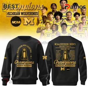 Black sweatshirt with gold Michigan Wolverines 2026 NCAA Men's Basketball Champions graphic with trophy and team roster on back!