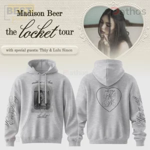 Light grey Madison Beer hoodie, black vintage style print. Features 'Madison Beer locket', 'Everything', 'You're still', 'IF FOUND RETURN TO MB'!