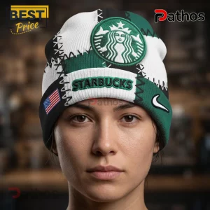 Starbucks Beanie Hat Nike Patchwork Premium Knit Beanie Hat 1 White green black patchwork knit beanie featuring embroidered Starbucks mermaid, STARBUCKS text, US flag, and Nike swoosh!