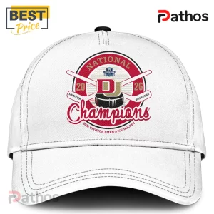 White hat with red Denver Pioneers National Champions 2026 Division I Men's Ice Hockey graphic with D logo and hockey sticks!