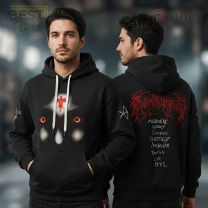 Black metal band tour hoodie, red gothic text 