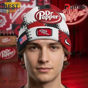 Red white black patchwork Dr Pepper beanie with large oval Dr Pepper logo, smaller can Dr Pepper logo, and US flag patch!