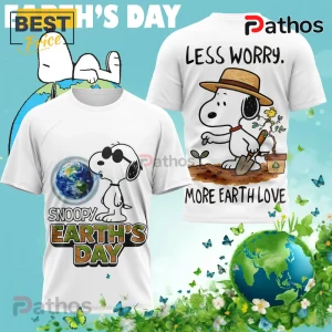 White Snoopy Earth Day tee features Snoopy with sunglasses blowing Earth bubble; back shows Snoopy planting with 