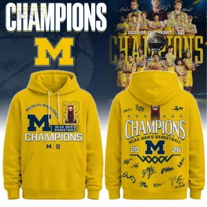 Michigan Wolverines NCAA Men's Basketball 2026 Champions Hoodie 1 Yellow Michigan Wolverines NCAA Basketball Champions hoodie! Front: M logo, 2023, 'CHAMPIONS'! Back: 20 M 26, signatures!