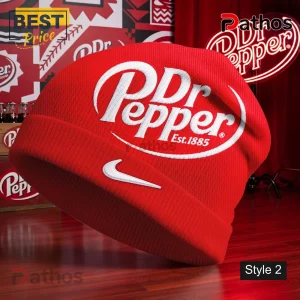 Red knit beanie with white embroidered Dr Pepper logo 'Est. 1885' and white Nike swoosh! Retro branded headwear!