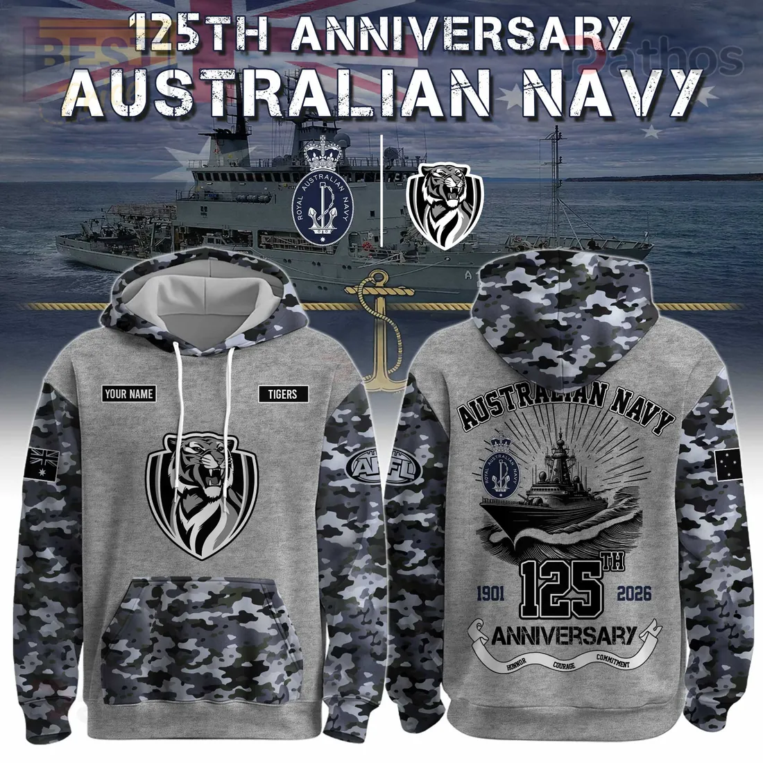 Australian Navy 125th Anniversary Personalized Tigers Camo Hoodie Australian Navy 125th Anniversary Personalized Tigers Camo Hoodie