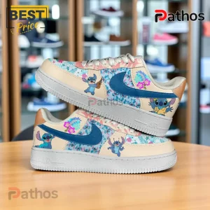 Custom beige sneakers with blue swoosh featuring cartoon character Stitch, tropical flowers, and a Hawaiian pattern print!