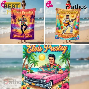 Elvis Presley Summer Vibes Tropical Pink Car Cartoon Beach Towel