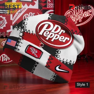 Red white black patchwork beanie with a large Dr Pepper logo, small Dr Pepper can icon, US flag, and Nike swoosh!