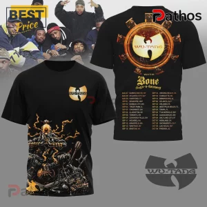 Black Wu-Tang Clan tour tee! Front features gold chest logo, dark fantasy warrior graphic! Back shows large circular logo, 'Bone thugs-n-harmony' text, and tour dates!