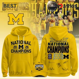 Yellow hoodie with black text 'National 20 M 26 Champions' for the 2026 NCAA Men's Basketball Championship!