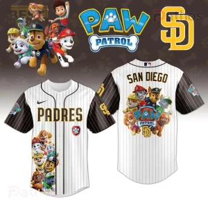 White pinstripe baseball jersey! Gold PADRES text and Paw Patrol characters on front! Brown sleeves with gold SD logo! Back has SAN DIEGO text and more Paw Patrol designs!