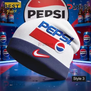 White and navy branded beanie with blue PEPSI text, red stripe, circular Pepsi logo, and red outlined Nike swoosh!