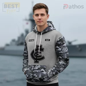 Gray camo hoodie with black Carlton Blues AFL 'C' logo, 'YOUR NAME', 'BLUES' text, and AFL emblem!