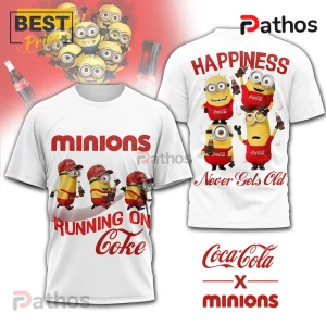 Coca-Cola Minions Happiness Premium 3D Graphic Print T-Shirt 1 White Minions Coca-Cola cartoon t-shirt with red text: MINIONS RUNNING ON Coke, HAPPINESS Never Gets Old!