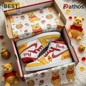 Custom Winnie the Pooh high-top sneakers in red, white, and yellow with text 'Winnie' and 'Pooh' on the sides!