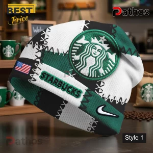 Starbucks Beanie Hat Nike Patchwork Premium Knit Beanie Hat 2 Green white black patchwork beanie with Starbucks siren logo, STARBUCKS text, American flag, and Nike swoosh design!
