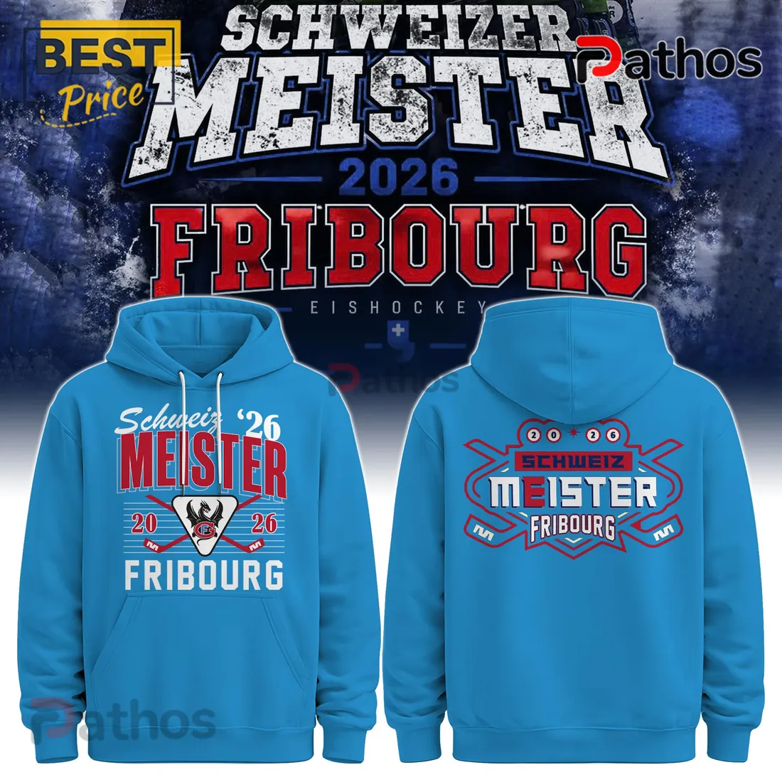 Fribourg Ice Hockey Swiss Meister 2026 Champion Blue Hoodie Fribourg Ice Hockey Swiss Meister 2026 Champion Blue Hoodie