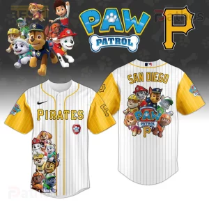 White yellow pinstripe baseball jersey! Gold PIRATES, SAN DIEGO text! Paw Patrol Chase, Marshall, Skye characters on front and back!