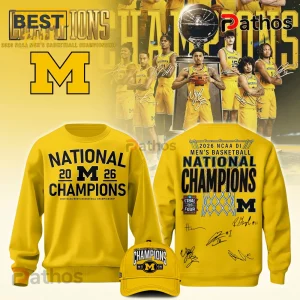 Yellow Michigan sweatshirt with 'NATIONAL 20 M 26 CHAMPIONS' text! 2026 NCAA Men's Basketball Final Four graphic on back!
