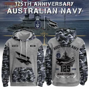 Grey camouflage hoodie with Australian Navy 125th Anniversary design! Features warship, crow logo, 